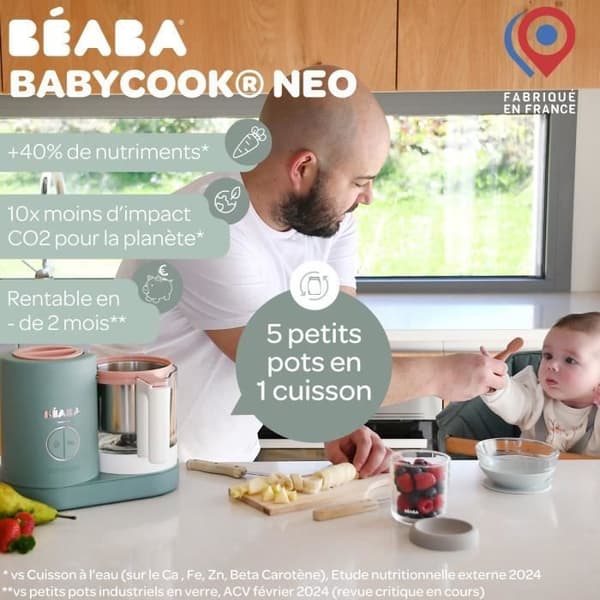 BÉABA - Babycook Néo, Ångkokare 6 i 1 - Tillverkad i Frankrike - Glasburk - XL kapacitet - Eukalyptus