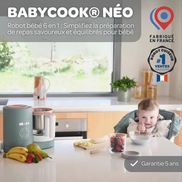 BÉABA - Babycook Néo, Ångkokare 6 i 1 - Tillverkad i Frankrike - Glasburk - XL kapacitet - Eukalyptus