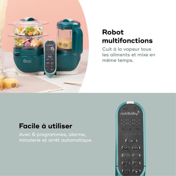 Babymoov Robot Cuiseur Bébé Nutribaby(+) - 6 i 1 - Ångkokare/Mixer - Stor kapacitet 2,2L, Opalgrön