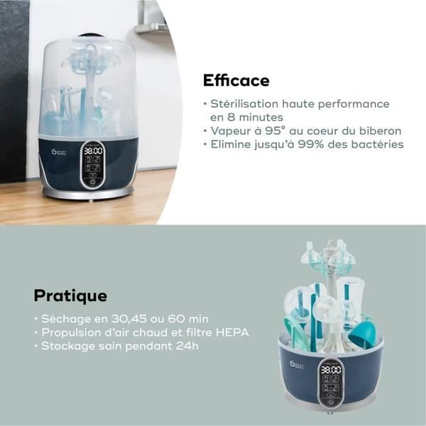 Babymoov Turbo Pure 2 i 1 elektrisk ånga nappflasksterilisator, nappflasktork, på 6 minuter