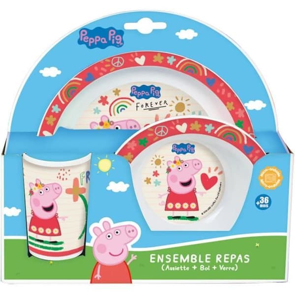 FUN HOUSE Peppa gris Måltidsset - 1 tallrik ø 22 cm, en djup tallrik ø 16 cm och ett glas 220 ml - För barn