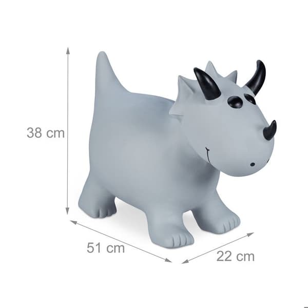 Relaxdays djurhoppare med luftpump, i form av en triceratops, max last 50 kg, utan BPA, för barn, grå
