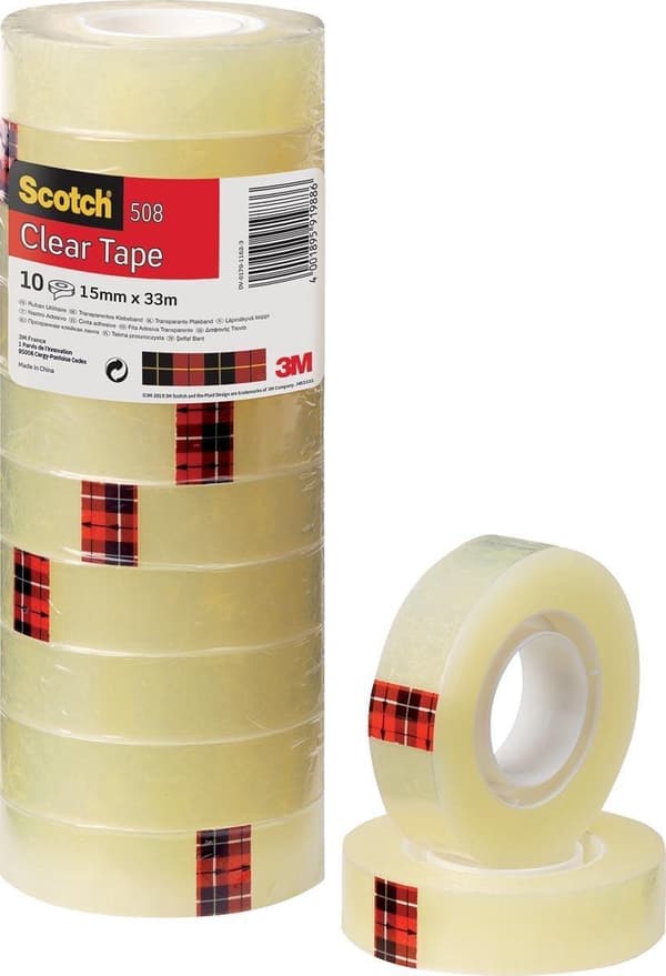 Scotch® tejp för allmänt bruk, klar, torn, 15 mm x 33 m, 10 rullar/torn