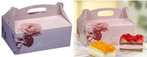 Papstar kageæsker / cupcake æske med hank (20 stk.), firkantet, rosé med smukt neutralt print, 20 x 13 x 9 cm, lavet af 350 g/m² tykt pap, #18851