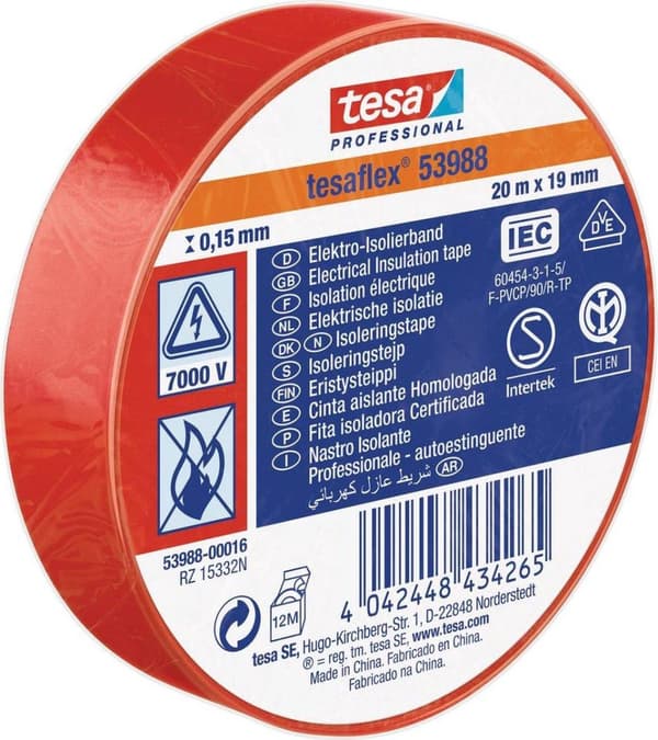 tesa 53988-00016-00 Isoleringstape tesa Professional Rød (LxB) 20 mx 19 mm 1 stk.