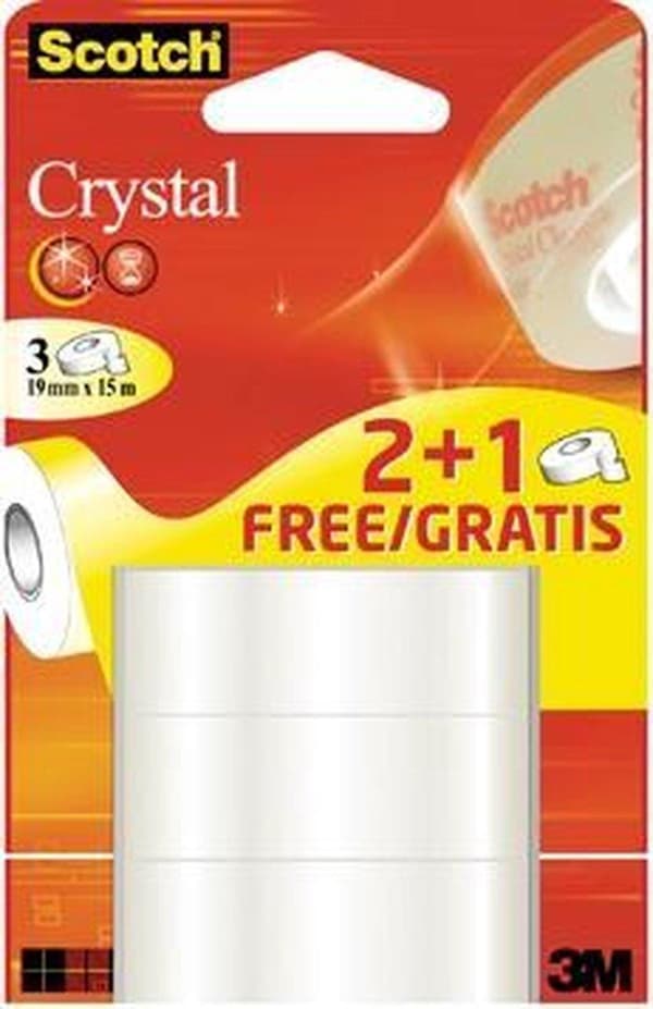Scotch Crystal självhäftande tejp format 19 mm x 15 m blister 2 + 1 gratis
