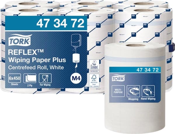 TORK Reflex multifunktionsrengöringsrulle, 2-lagers, vit, 150,8 m tjock, silkespappersservetter, perforerade, opräglade, 450 ark (473472)