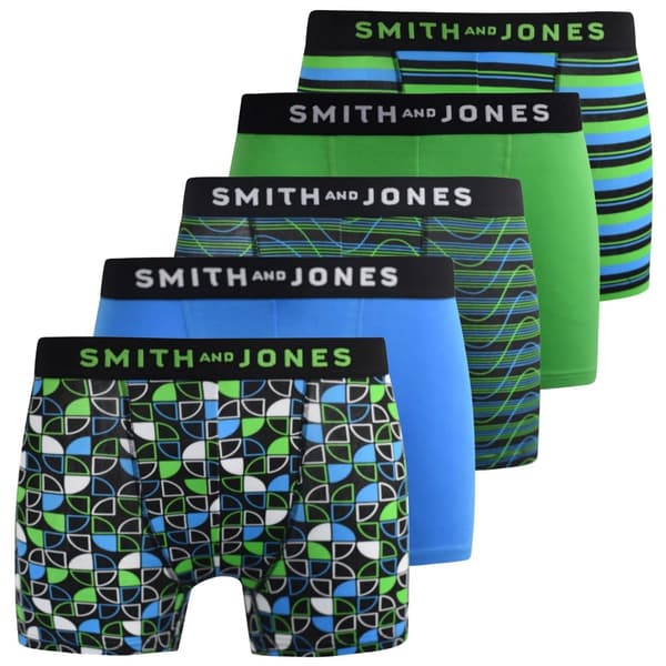 Smith & Jones Mens Riggon Assorted Designs Boxer Shorts (Pack of 5) Green/Blue/Black XXL