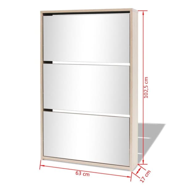 vidaXL Skoskap 3 høyder speil eik 63x17x102,5 cm