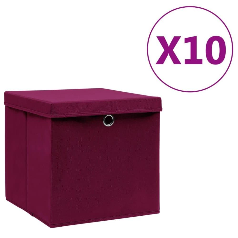 vidaXL Förvaringslådor med lock 10 st 28x28x28 cm mörkröd