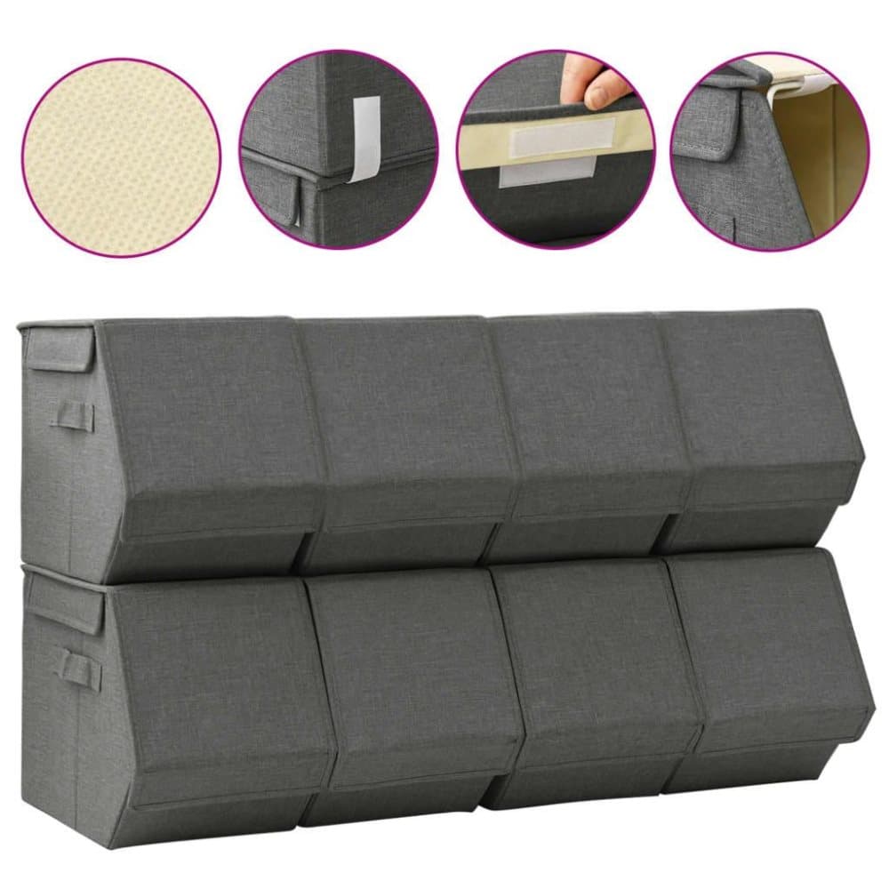 vidaXL Förvaringslåda med lock stapelbar 8 st tyg antracit