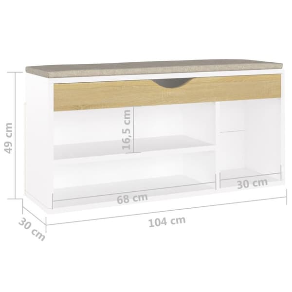 vidaXL skobænk med hynde 104x30x49 cm spånplade hvid og sonoma-eg