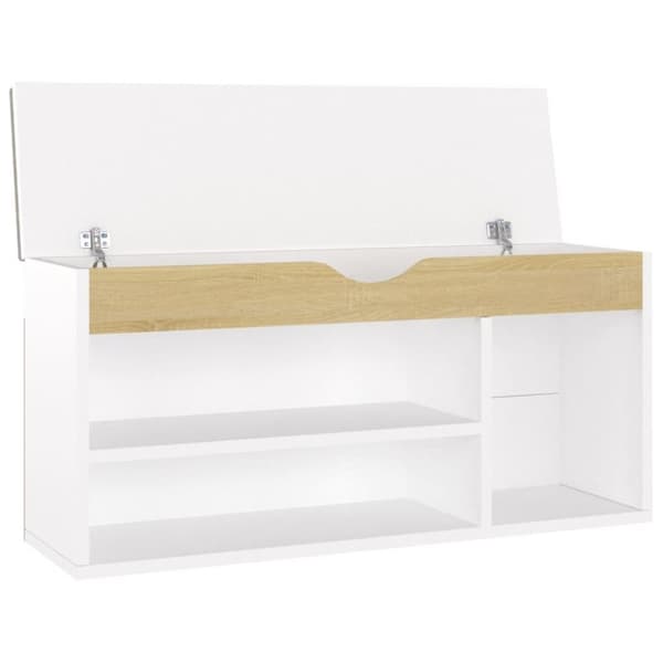 vidaXL skobænk med hynde 104x30x49 cm spånplade hvid og sonoma-eg