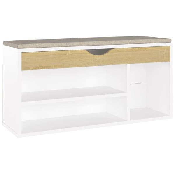 vidaXL skobænk med hynde 104x30x49 cm spånplade hvid og sonoma-eg
