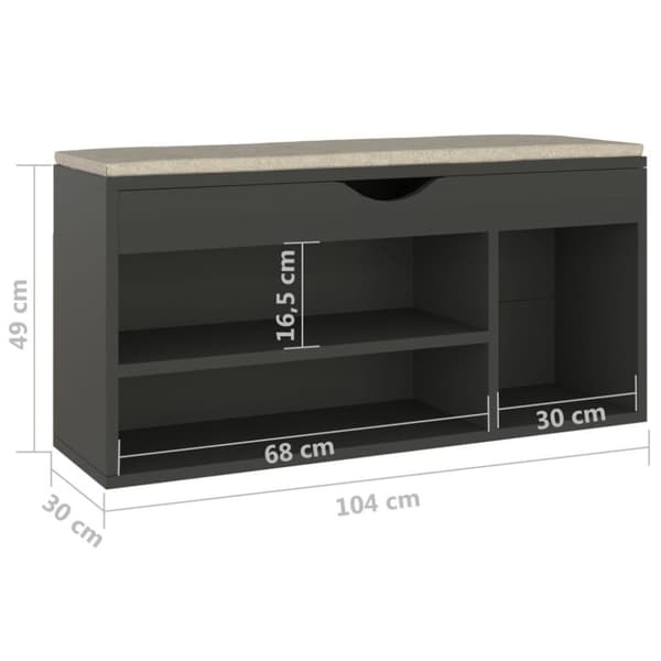 vidaXL skobænk med hynde 104x30x49 cm spånplade grå