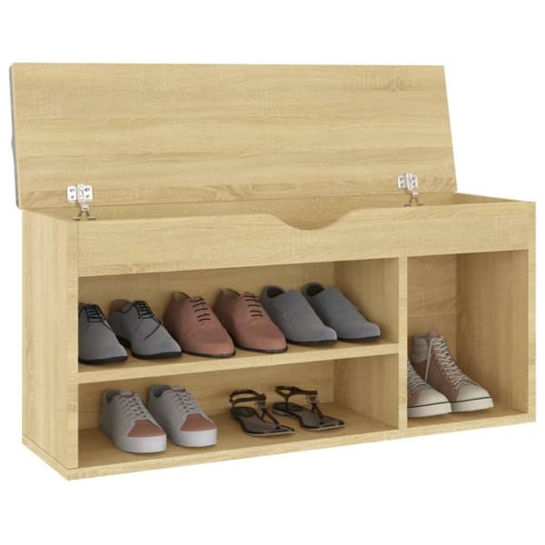 vidaXL skobænk med hynde 104x30x49 cm spånplade sonoma-eg