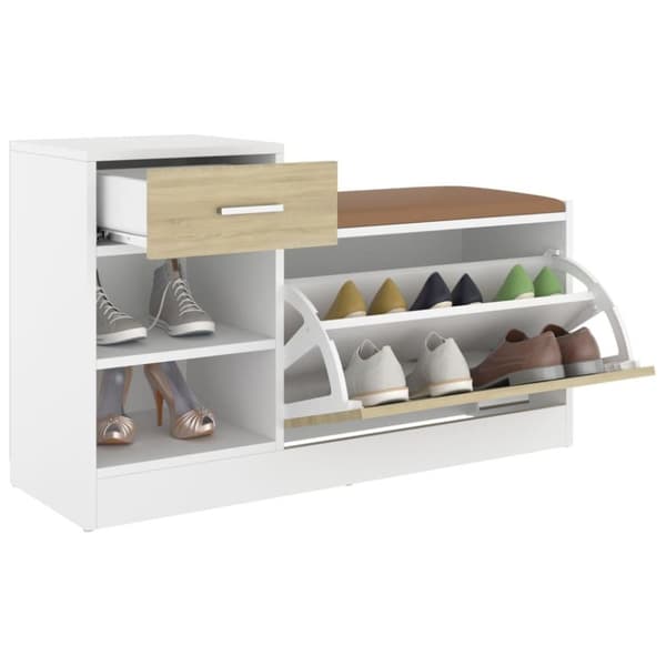 vidaXL skobænk 94,5x31x57 cm spånplade hvid og sonoma-eg