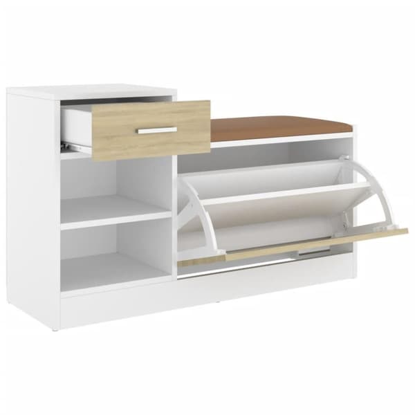 vidaXL skobænk 94,5x31x57 cm spånplade hvid og sonoma-eg