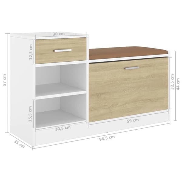 vidaXL skobænk 94,5x31x57 cm spånplade hvid og sonoma-eg