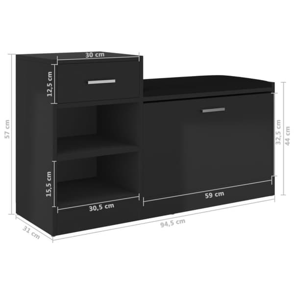 vidaXL skobænk 94,5x31x57 cm spånplade sort højglans