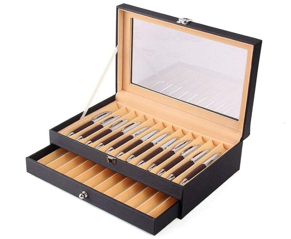 Pennbox 24 pennor Svart PU läder