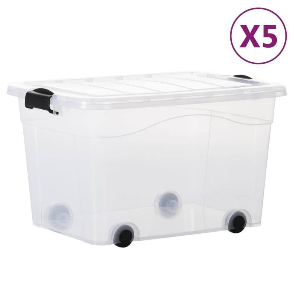 vidaXL Förvaringslådor med hjul & lock 5 st genomskinlig 60 L