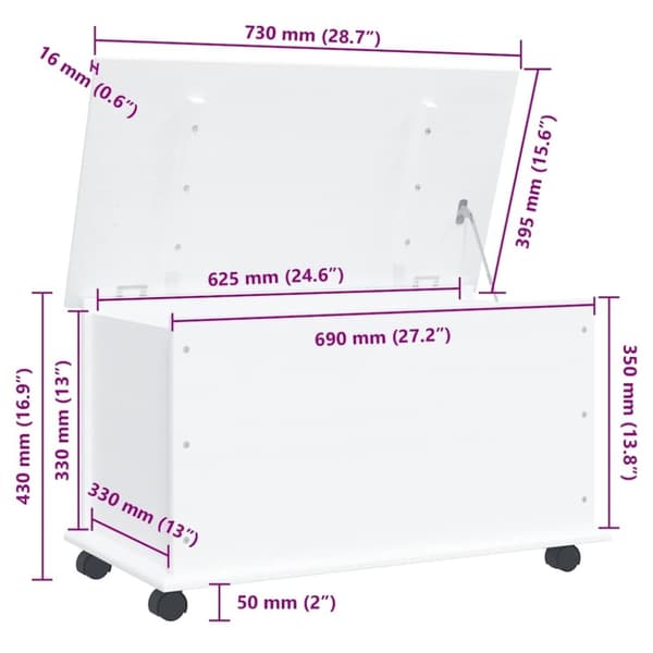 vidaXL opbevaringskasse med hjul ALTA 73x39,5x43 cm massivt træ hvid