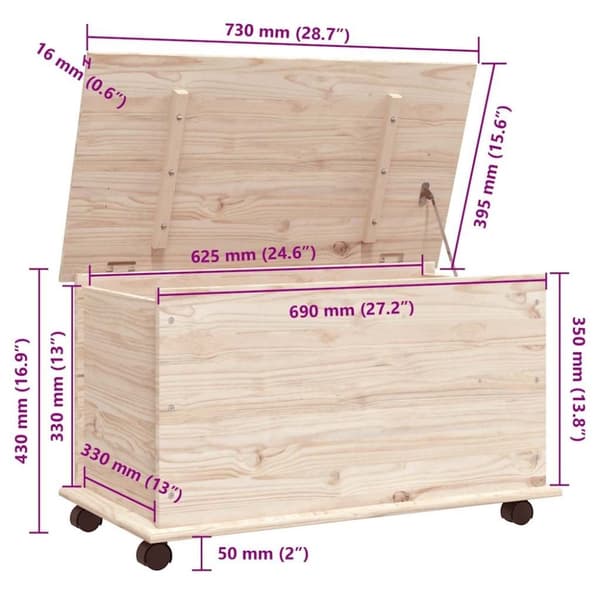 vidaXL Oppbevaringskiste med hjul ALTA 73x39,5x43 cm heltre furu