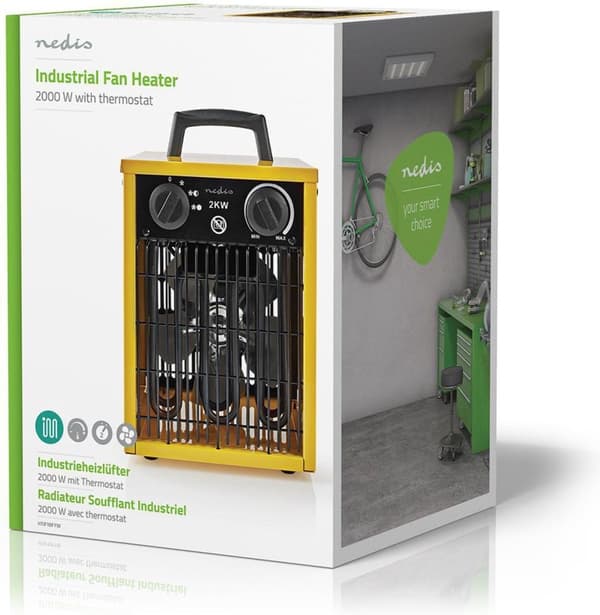Nedis industrielt design varmeblæser - 1000 / 2000 W - Justerbar termostat - 2 varmeindstillinger - IP24 - Integrerede håndtag - Gul