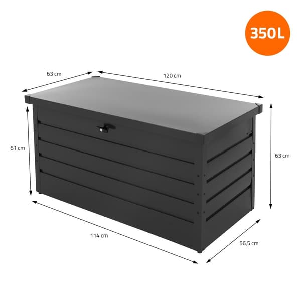 ML-Design Metallinen säilytyslaatikko 350 litraa; 120x56;5x63 cm; antrasiitti; vedenpitävä; lukittava sisältäen 2 avainta; kaasujousi; ulkokäyttöön