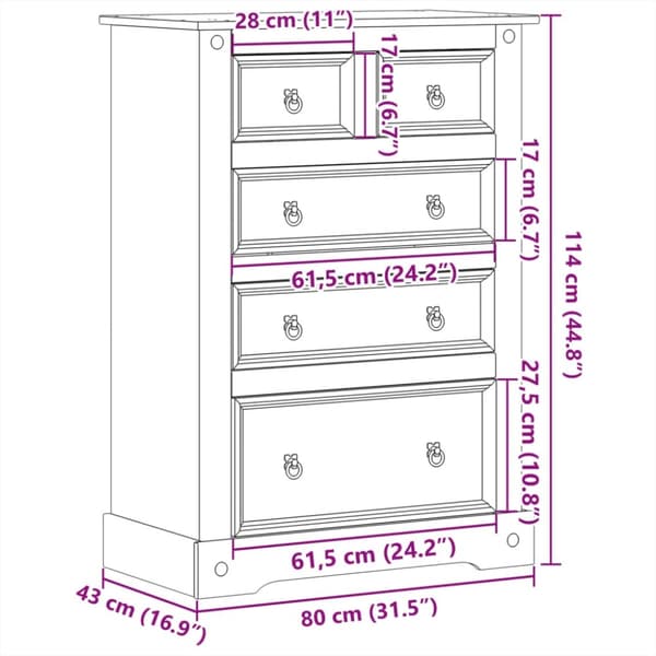 vidaXL Kommode Corona 80x43x114 cm heltre furu