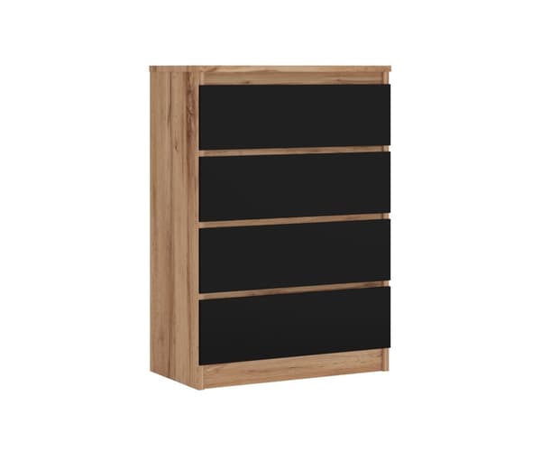 Kommode med 4 skuffer Wotan Eg / Sort, L: 70 cm H: 101 cm D: 39 cm