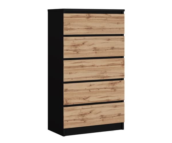 Kommode med 5 skuffer Sort / Wotan Eg, L: 70 cm H: 125 cm D: 39 cm