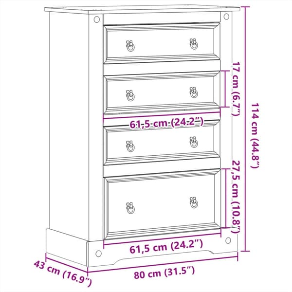 kommode Corona 80x43x114 cm massivt fyrretræ