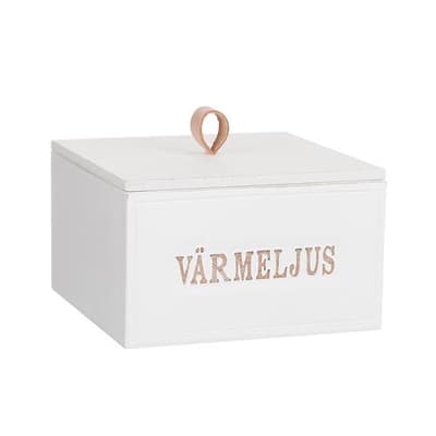 Trälåda med text "Värmeljus"
