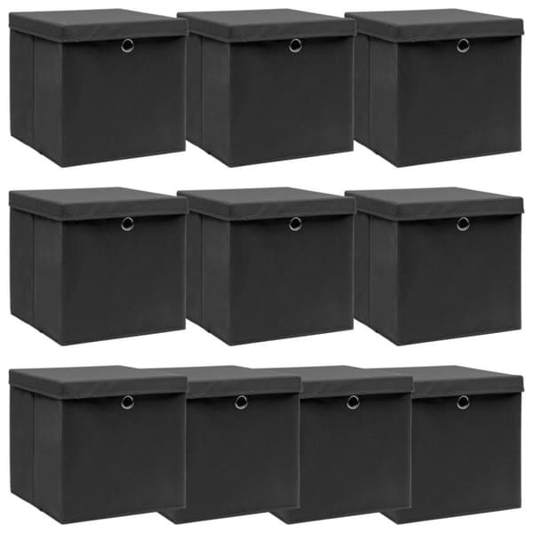 vidaXL Oppbevaringsbokser med lokk 10 stk svart 32x32x32 cm stoff