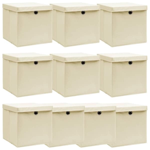vidaXL Oppbevaringsbokser med lokk 10 stk kremhvit 32x32x32 cm stoff