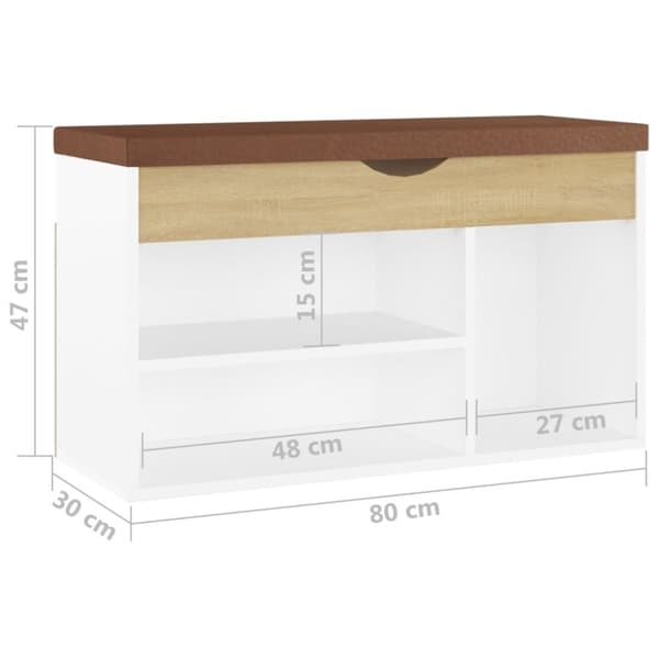 vidaXL Skobänk med dyna vit och sonoma-ek 80x30x47 cm spånskiva