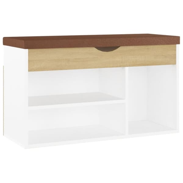 vidaXL Skobänk med dyna vit och sonoma-ek 80x30x47 cm spånskiva