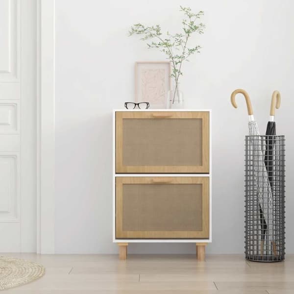 vidaXL Skoskap hvit 52x25x80 cm konstruert tre og naturlig rotting