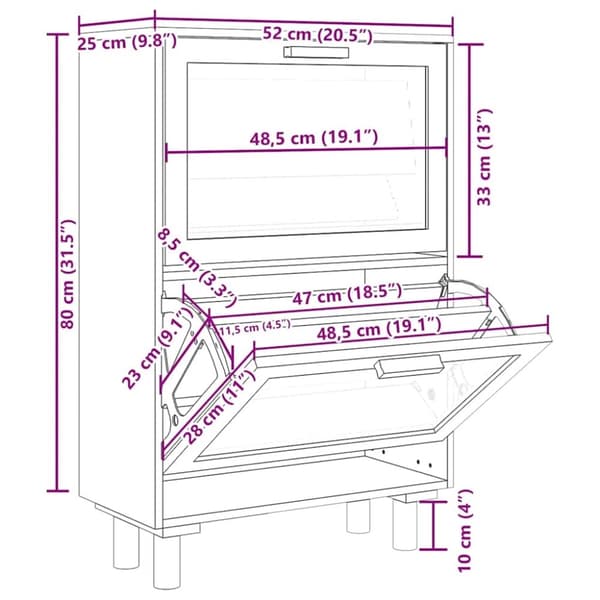 vidaXL Skoskap brun 52x25x80 cm konstruert tre og naturlig rotting