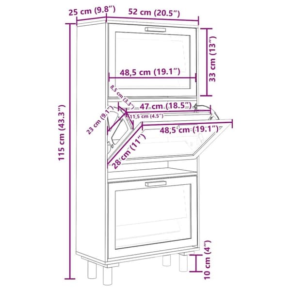 vidaXL Skoskap svart 52x25x115 cm konstruert tre og naturlig rotting