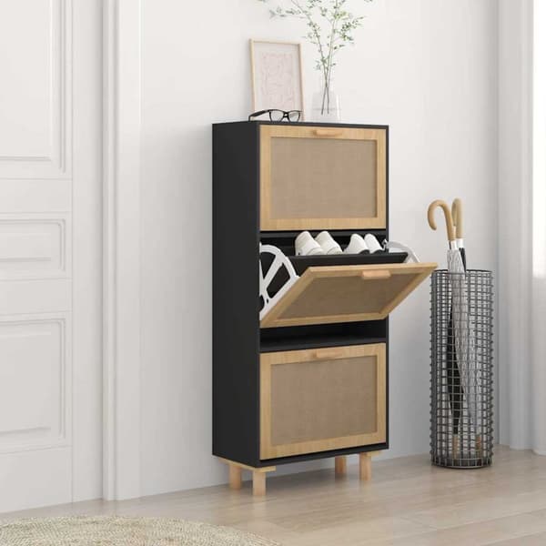 vidaXL Skoskap svart 52x25x115 cm konstruert tre og naturlig rotting