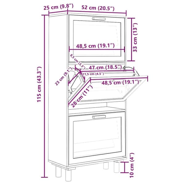 vidaXL skoskab 52x25x115 cm konstrueret træ og naturlig rattan hvid