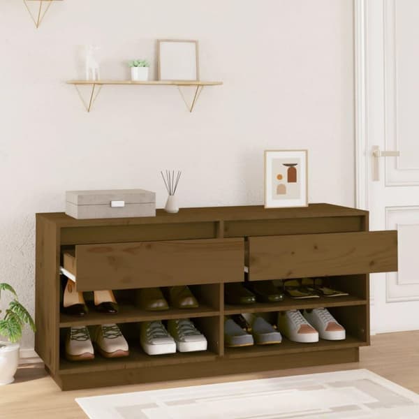 vidaXL skoreol 110x34x52 cm massivt fyrretræ gyldenbrun