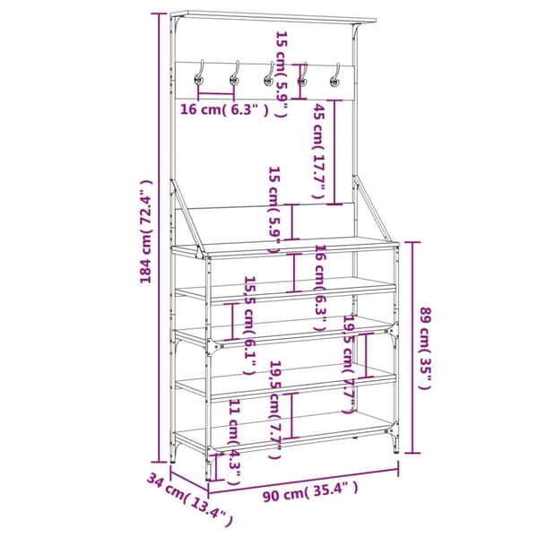 vidaXL tøjstativ med skoopbevaring 90x34x184 cm grå sonoma-eg