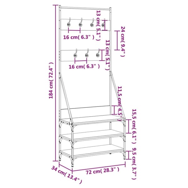 vidaXL Klesstativ med skooppbevaring brun eik 72x34x184 cm