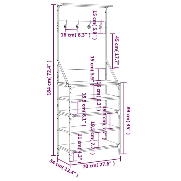 vidaXL tøjstativ med skoopbevaring 70x34x184 cm grå sonoma-eg