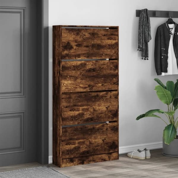 vidaXL skoskab med 4 vippeskuffer 80x21x163,5 cm røget eg