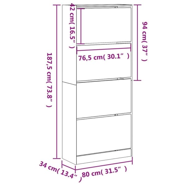vidaXL Skoskåp med 4 flip-lådor betonggrå 80x34x187,5 cm